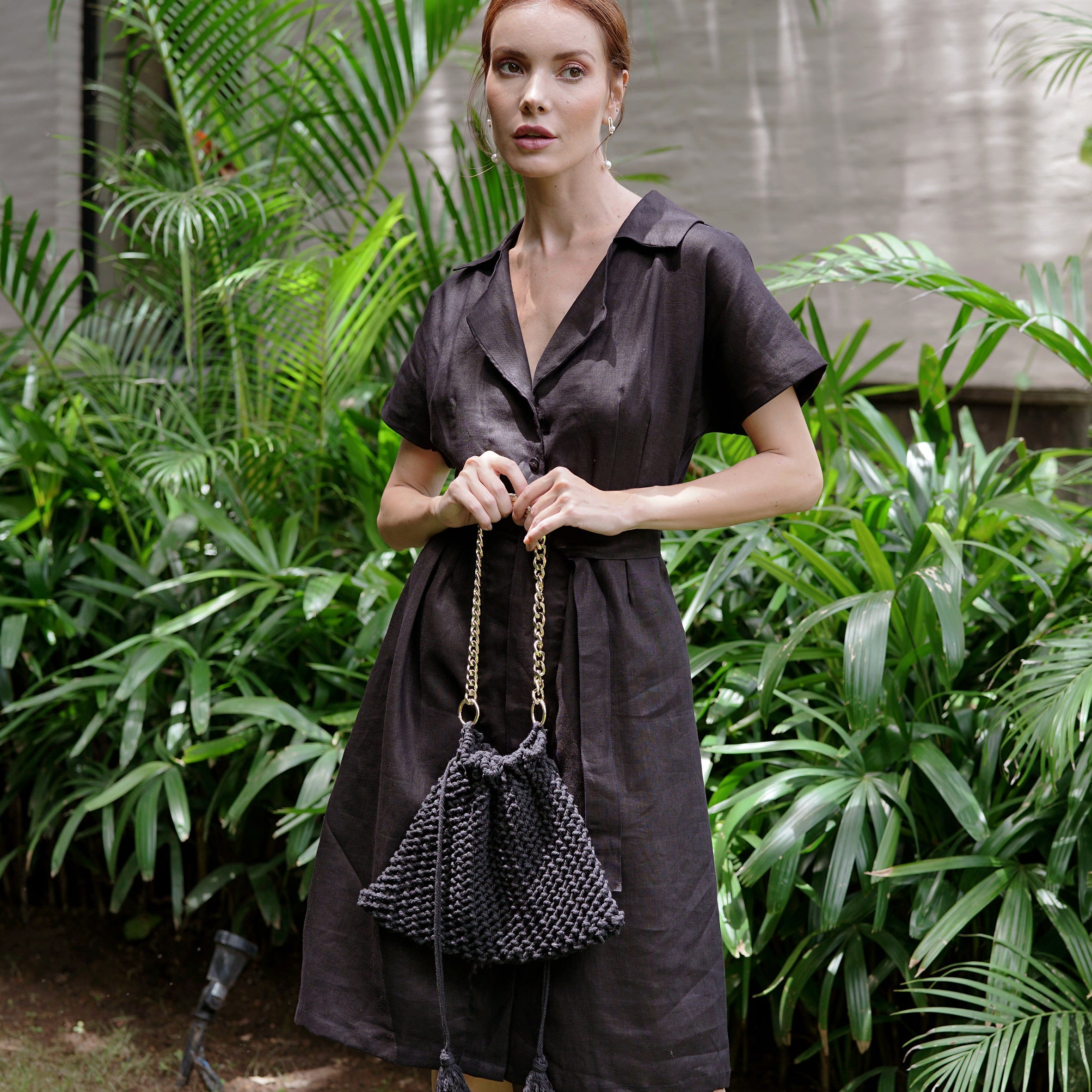 ARYA Safari Linen Midi Dress, in Black