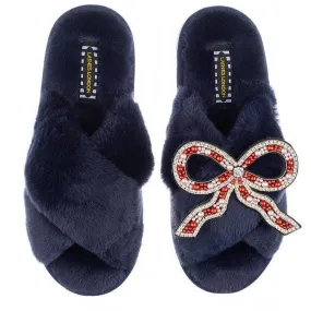 Classic Laines Slippers with Deluxe Bow Brooch in Navy