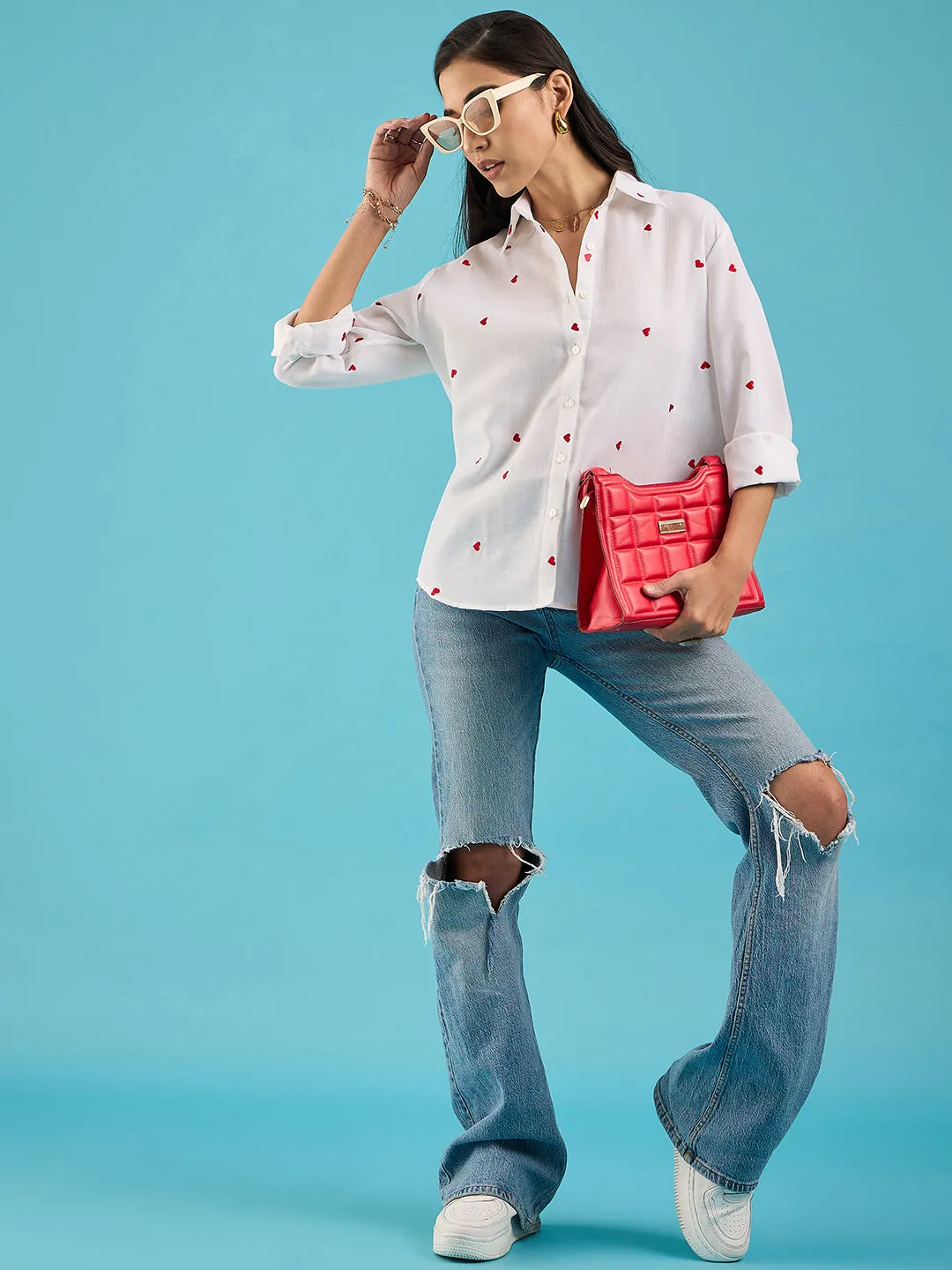 Embroidered Cotton Shirt with Hearts