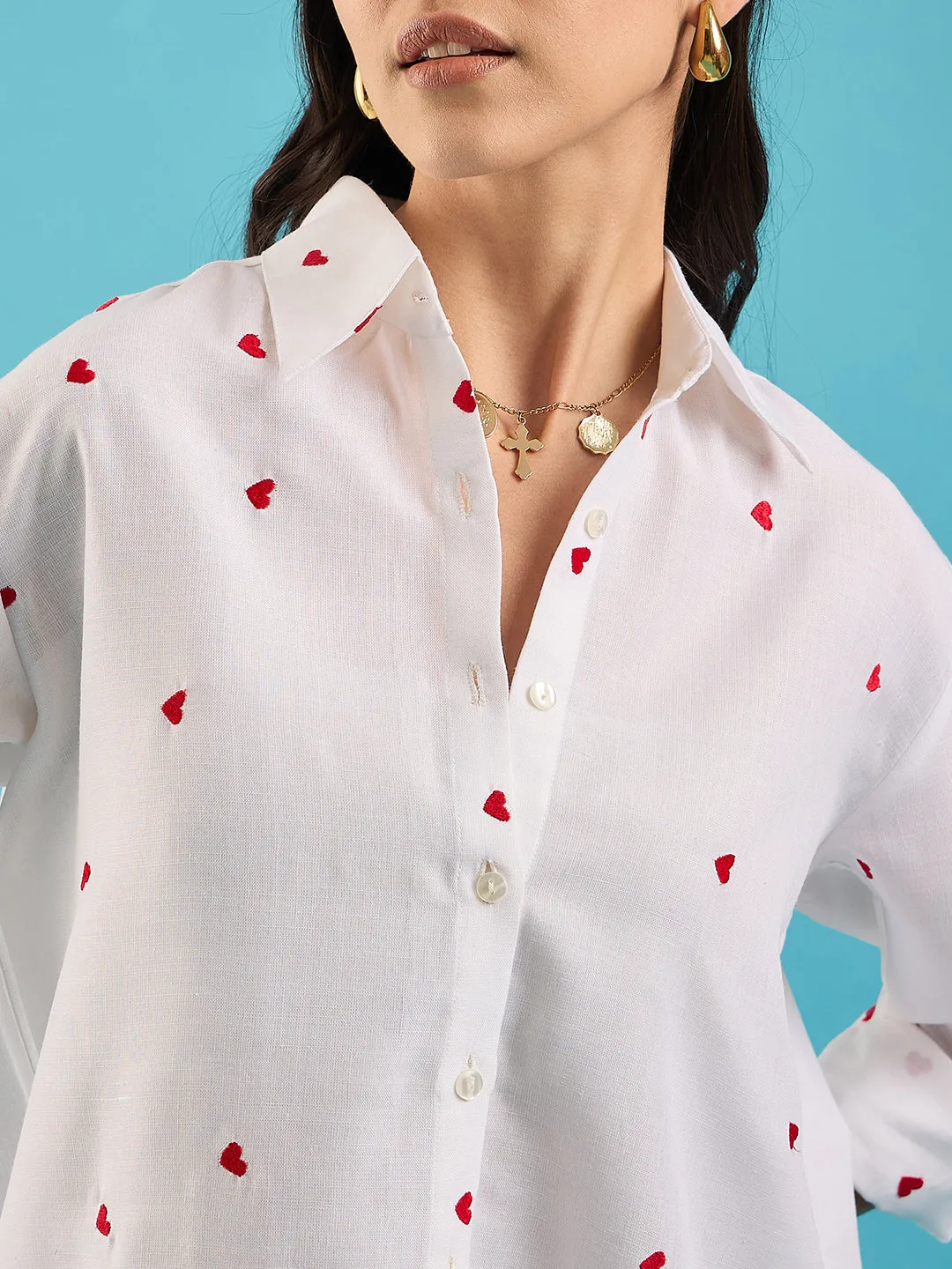 Embroidered Cotton Shirt with Hearts