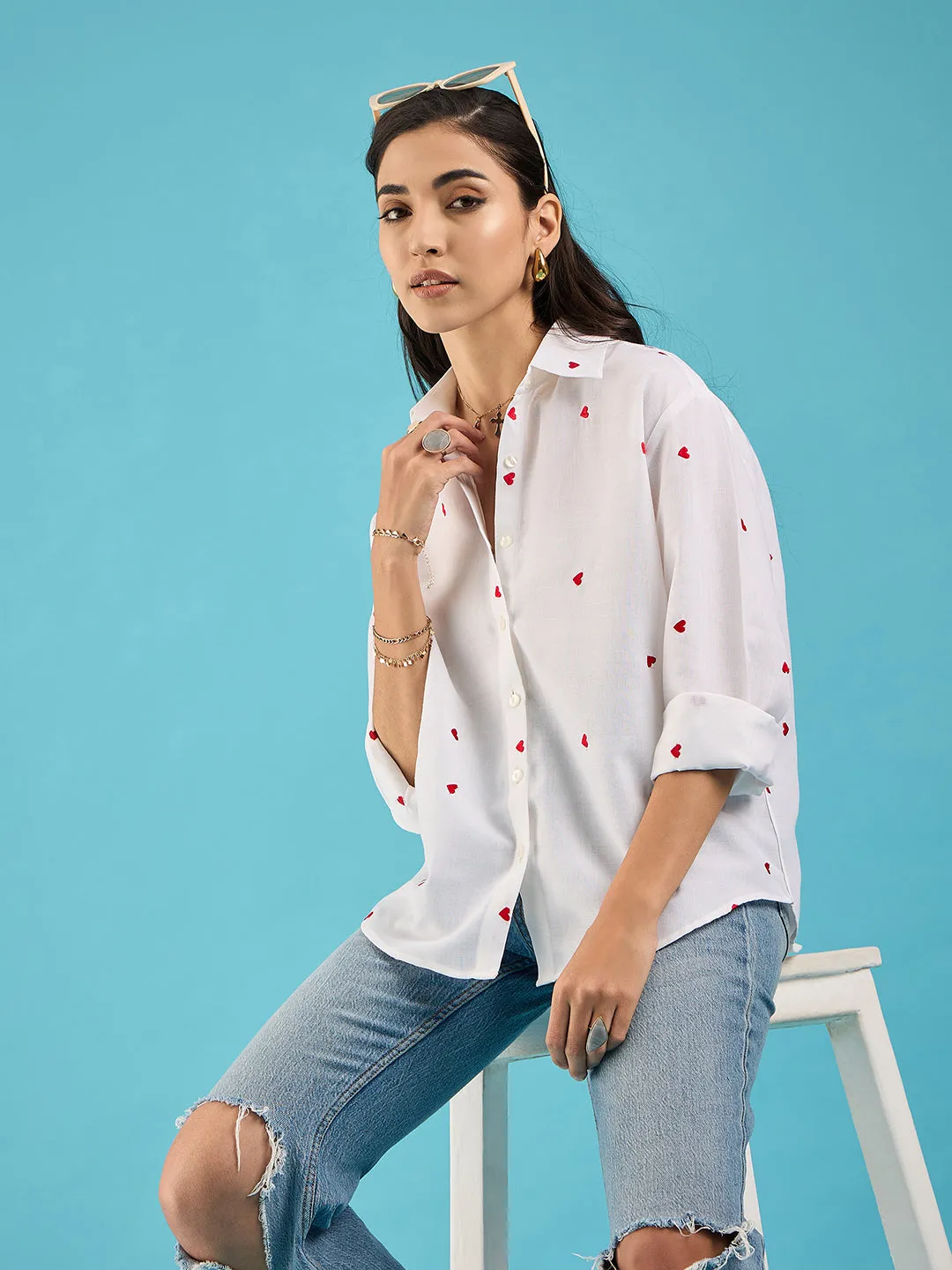 Embroidered Cotton Shirt with Hearts