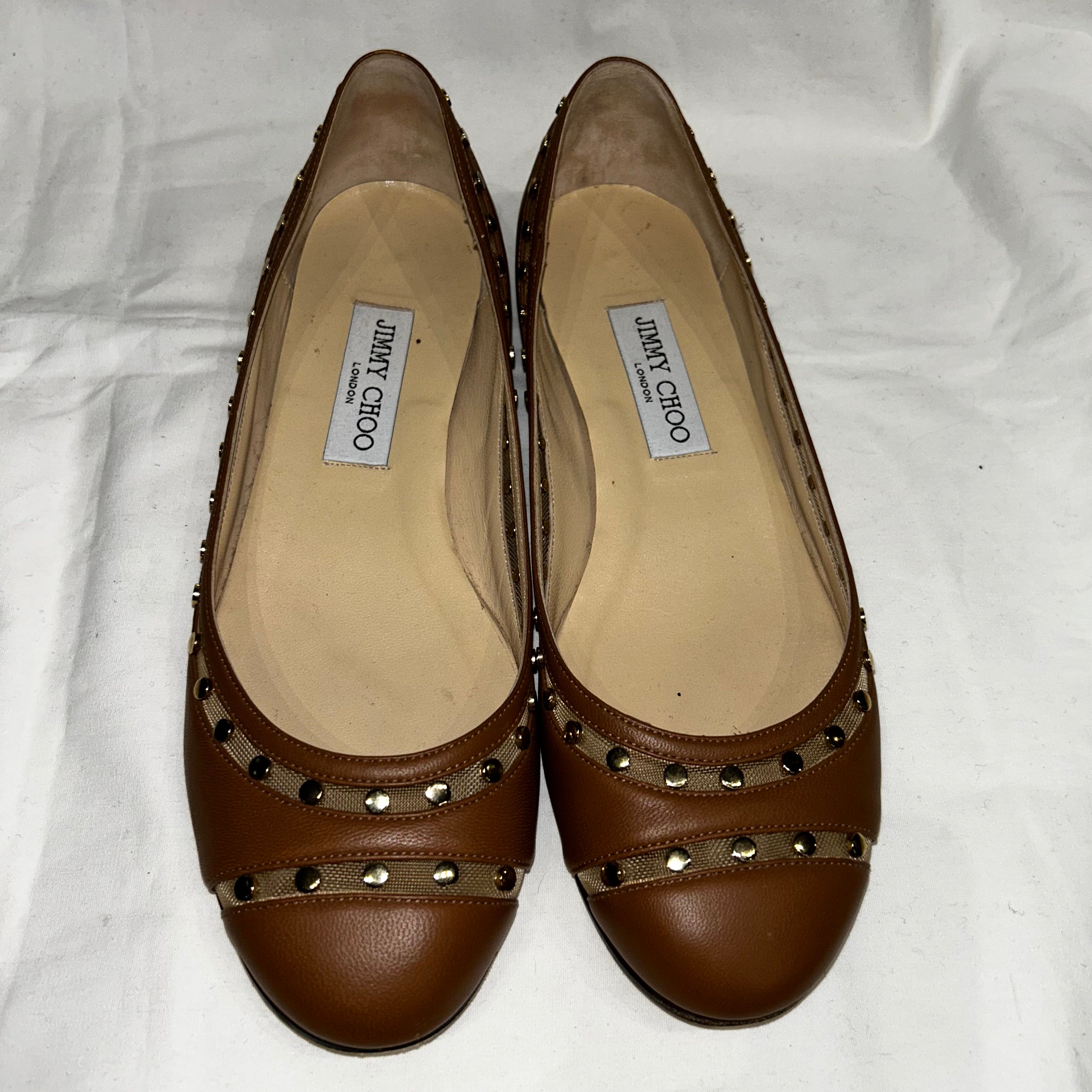 Jimmy Choo Tan Leather Gold Rivet Flat Ballet Pumps 39