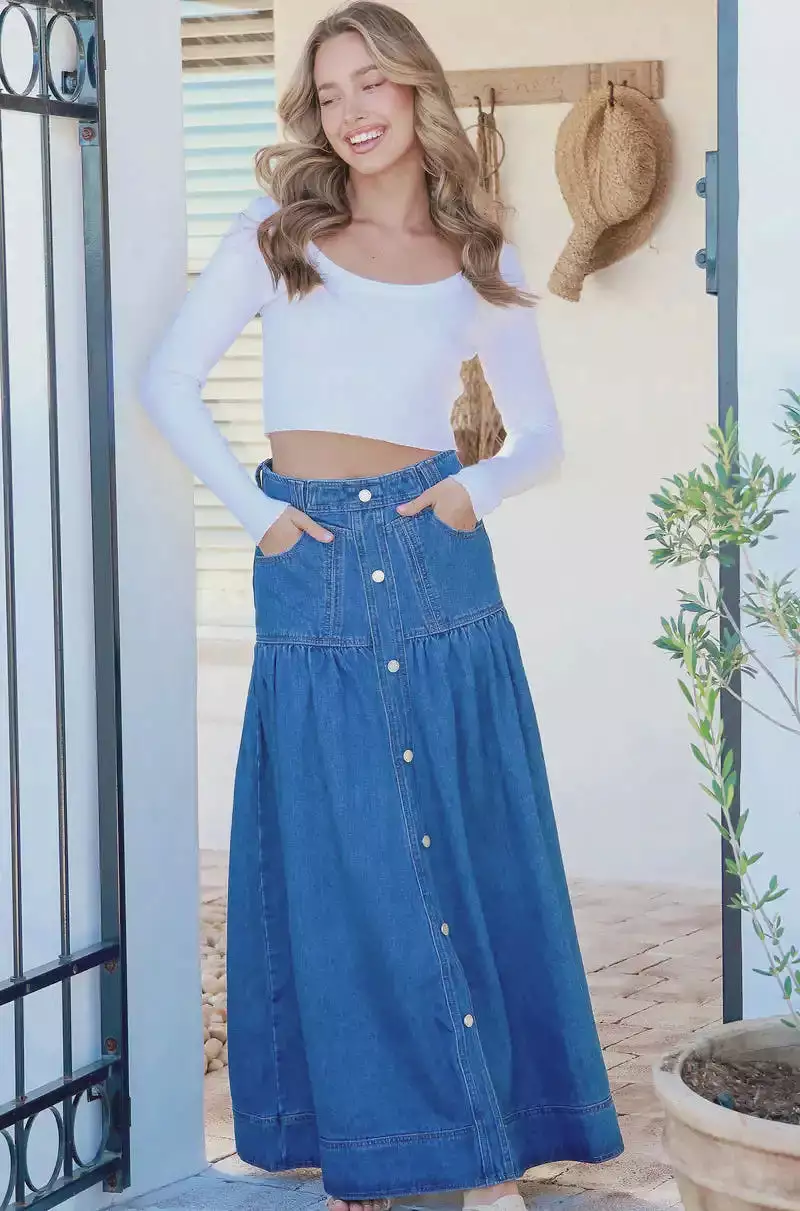 Kentucky Denim Button Front Maxi Skirt Mid Blue