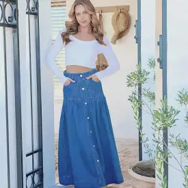 Kentucky Denim Button Front Maxi Skirt Mid Blue