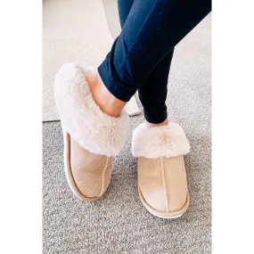 Khaki Cut and Sew Faux Suede Plush Lined Slippers