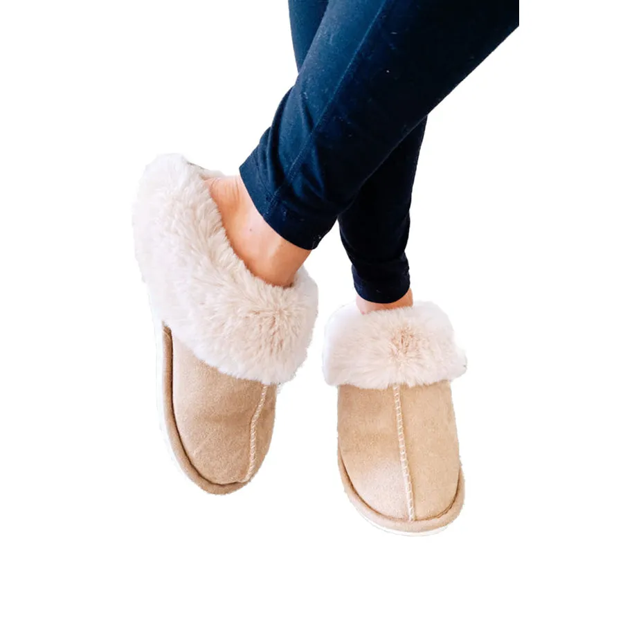 Khaki Cut and Sew Faux Suede Plush Lined Slippers