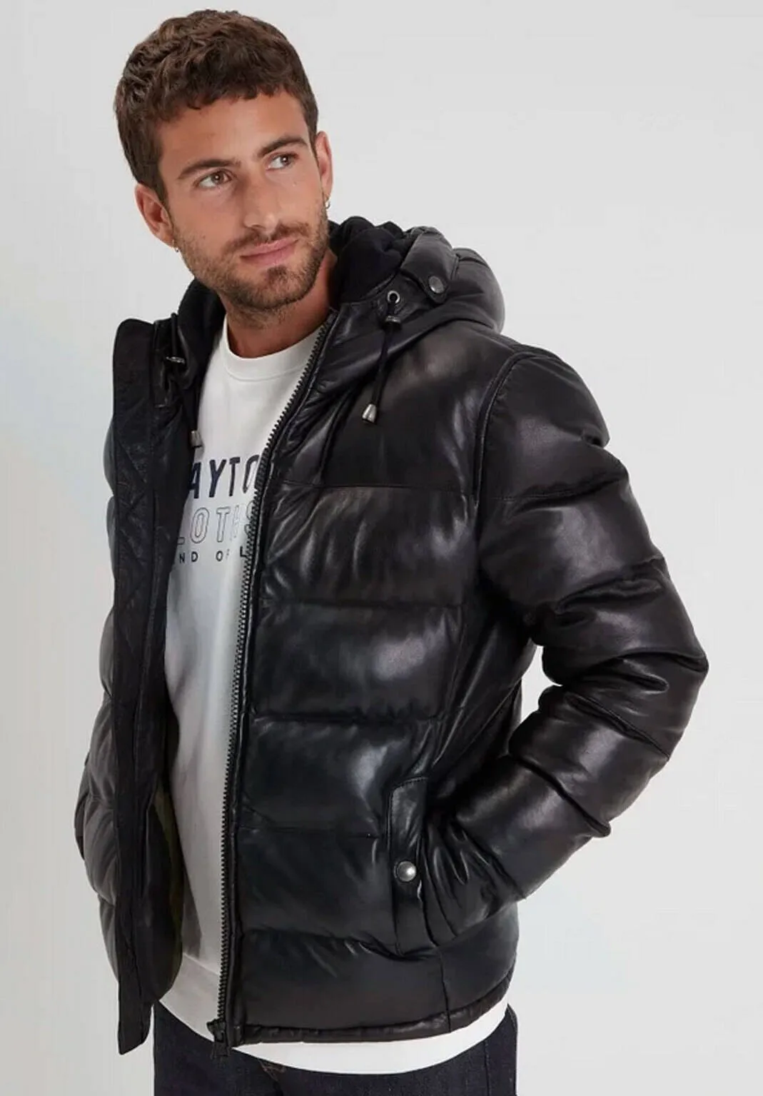 Men's black leather down jacket 102450