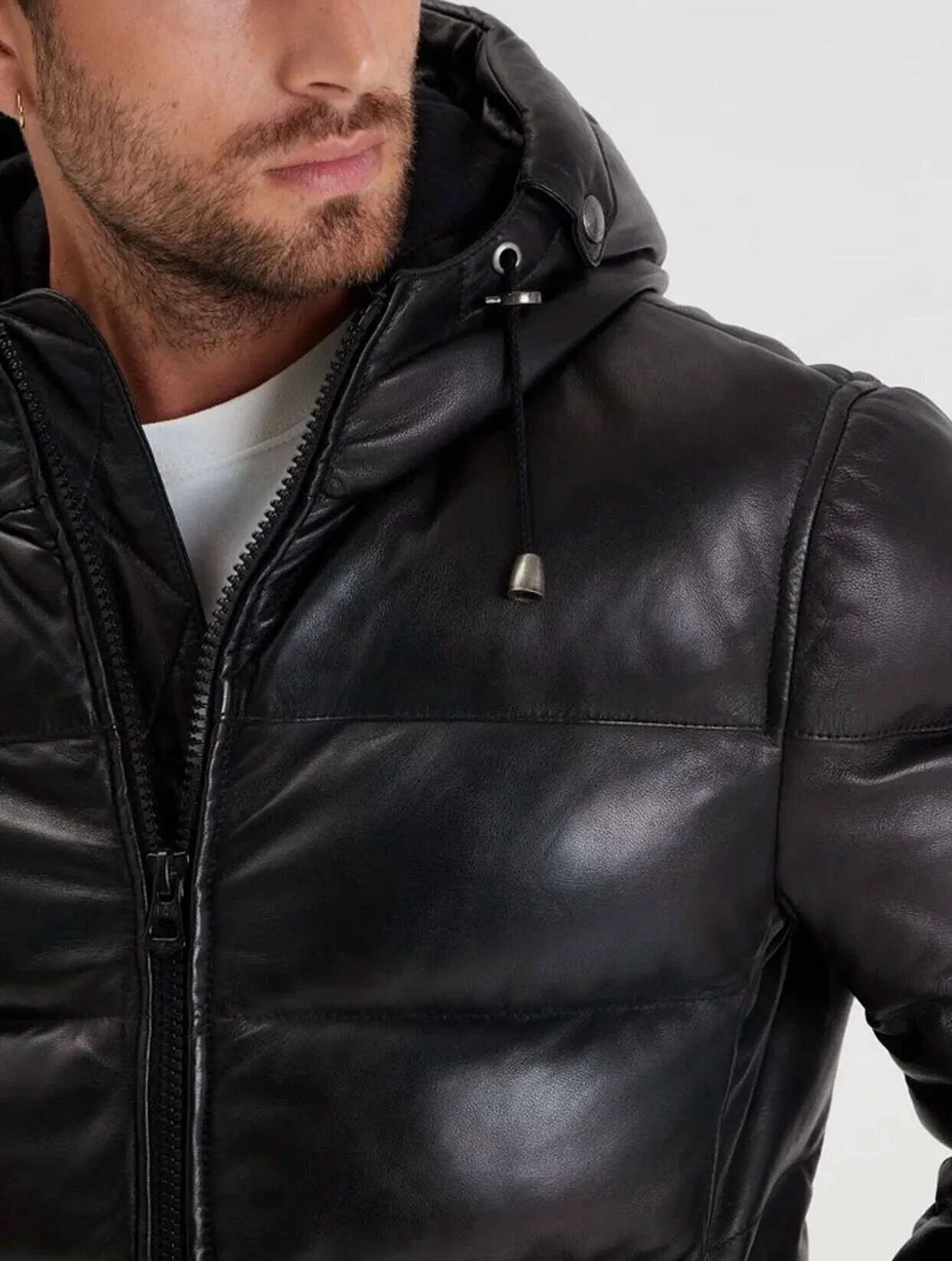 Men's black leather down jacket 102450