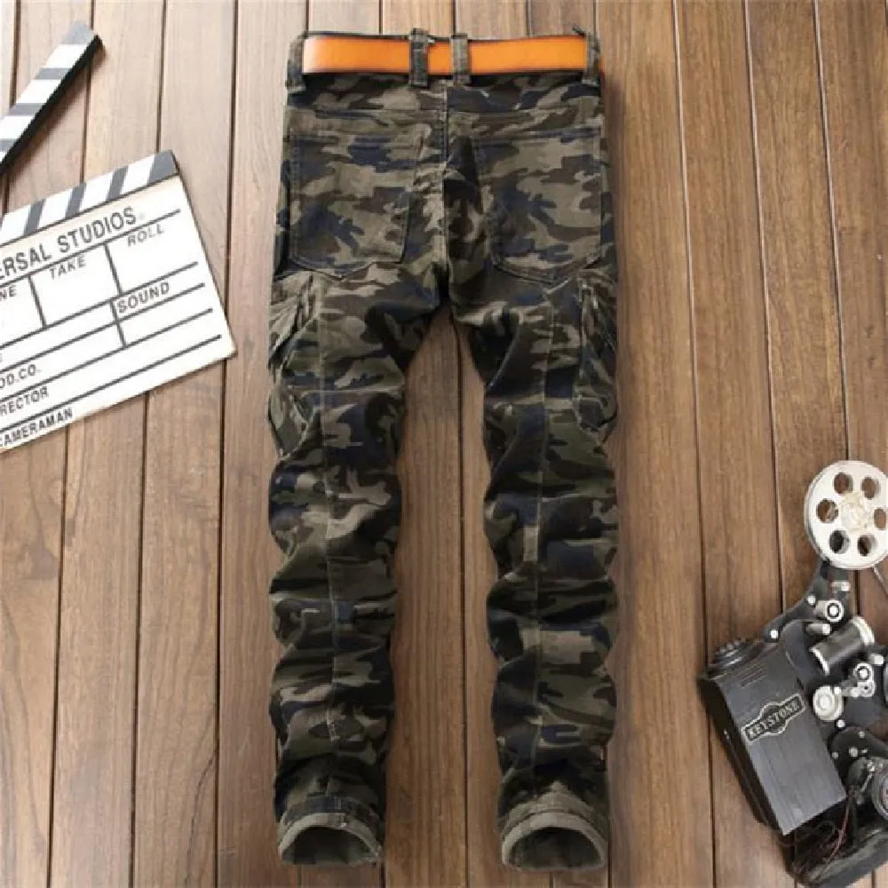 Men's Camouflage Military Style Tight Multi-pocket Denim Skinny Jeans Pants