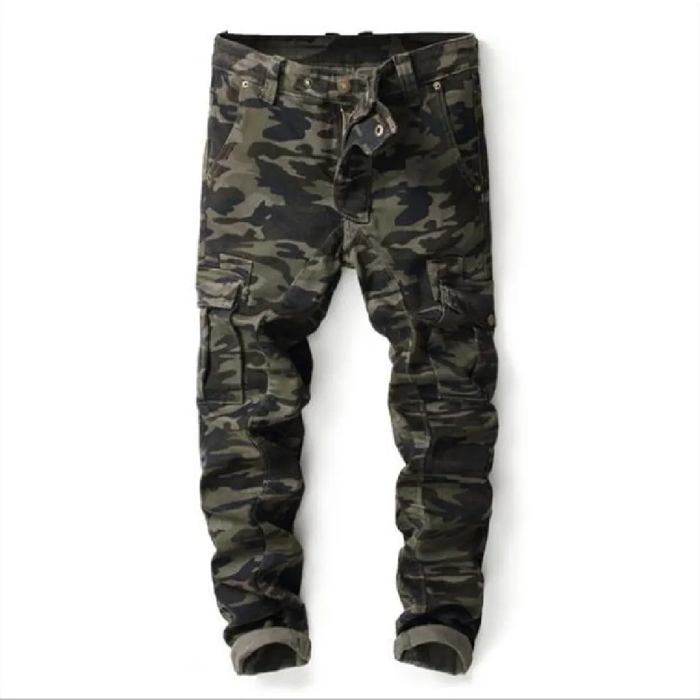 Men's Camouflage Military Style Tight Multi-pocket Denim Skinny Jeans Pants