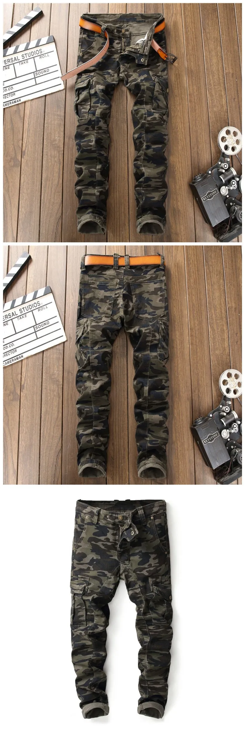 Men's Camouflage Military Style Tight Multi-pocket Denim Skinny Jeans Pants