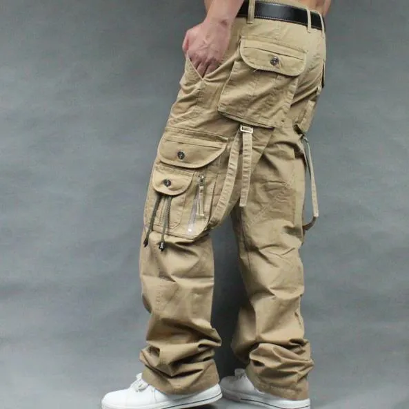 Men's Cotton Casual Multi Pocket Loose Straight Full-Length Cargo Pants