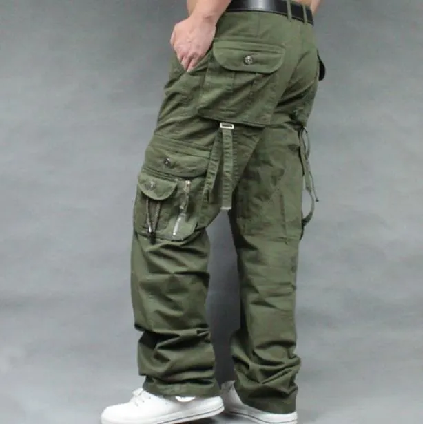 Men's Cotton Casual Multi Pocket Loose Straight Full-Length Cargo Pants