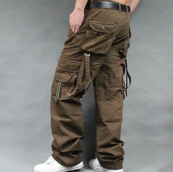 Men's Cotton Casual Multi Pocket Loose Straight Full-Length Cargo Pants