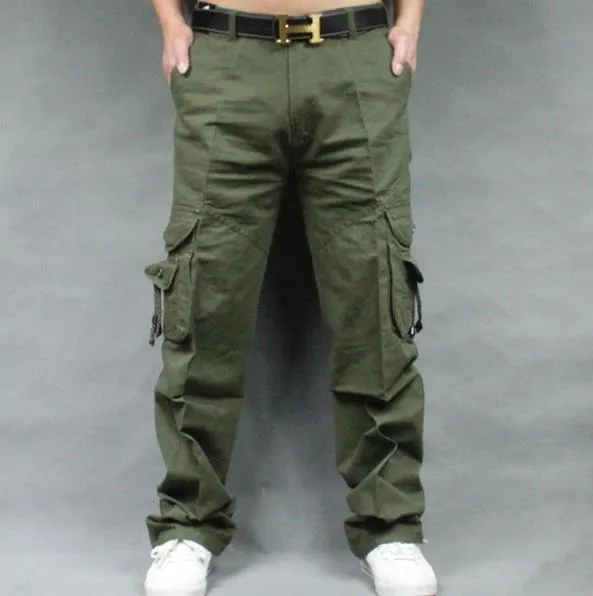 Men's Cotton Casual Multi Pocket Loose Straight Full-Length Cargo Pants