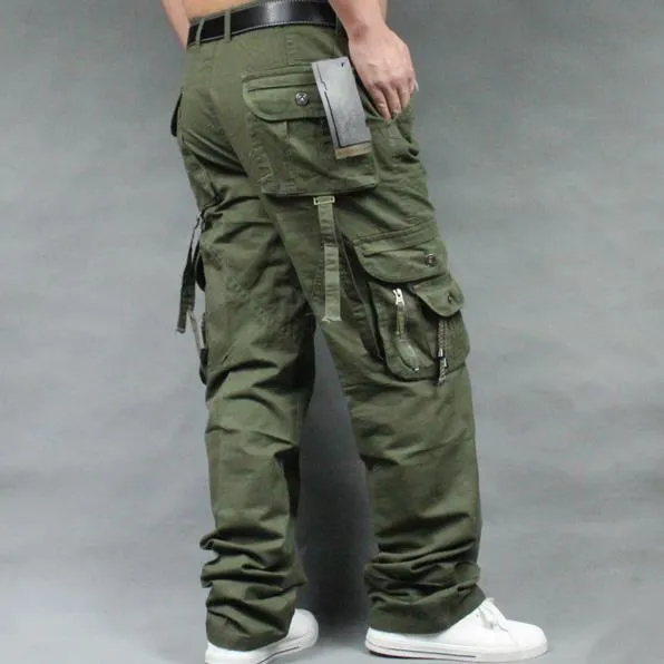 Men's Cotton Casual Multi Pocket Loose Straight Full-Length Cargo Pants