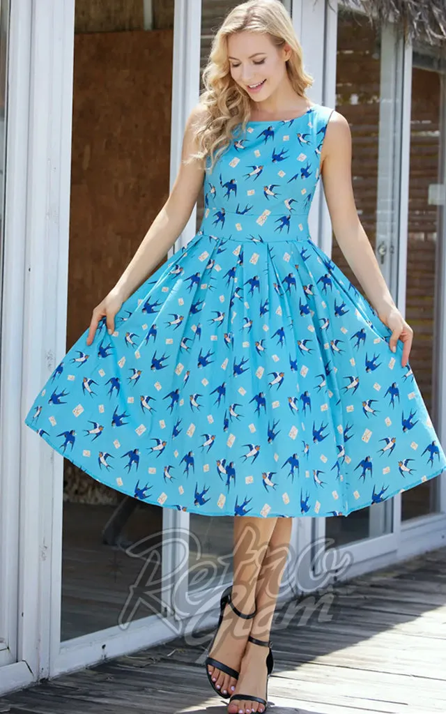 Miss Lulo Lily Dress in Blue Swallows Print - L left only