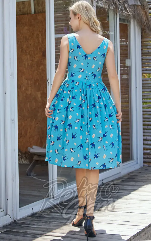 Miss Lulo Lily Dress in Blue Swallows Print - L left only