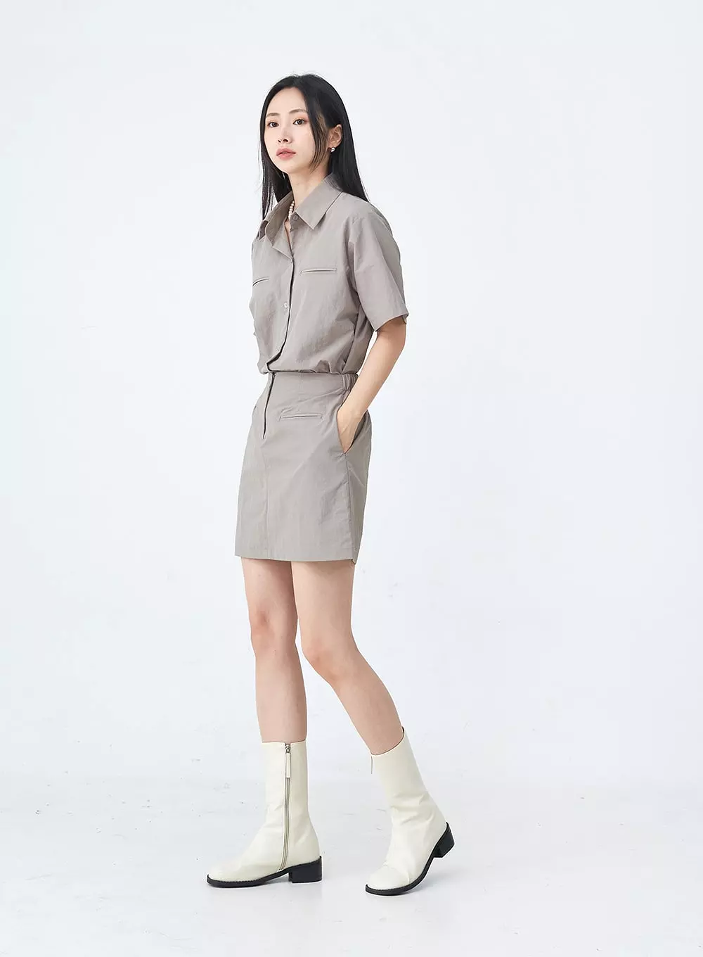 Nylon Set-up Skirt with Fake Pocket UU1407