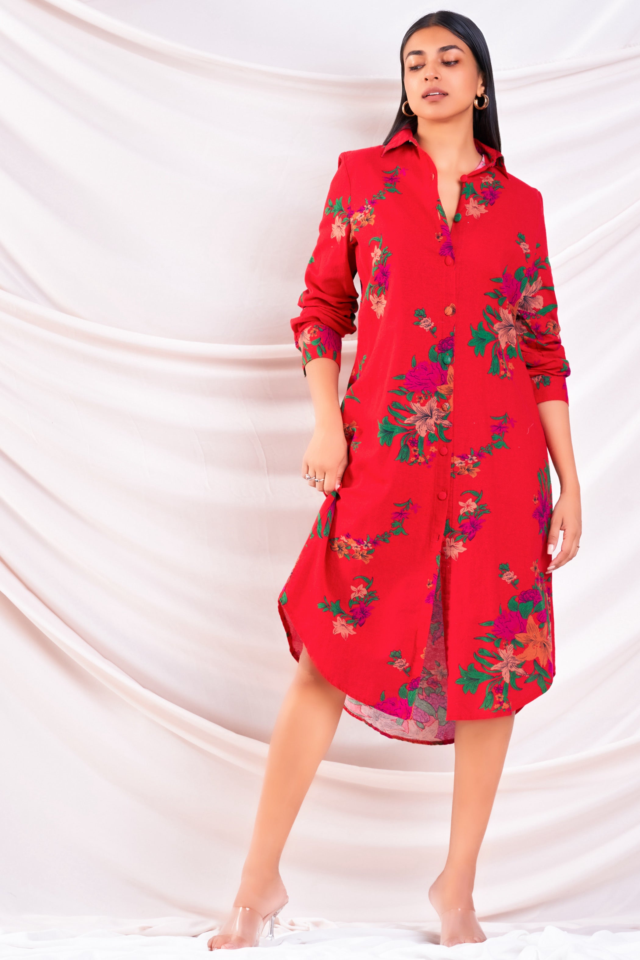 Printed Red Midi Shirt Dress