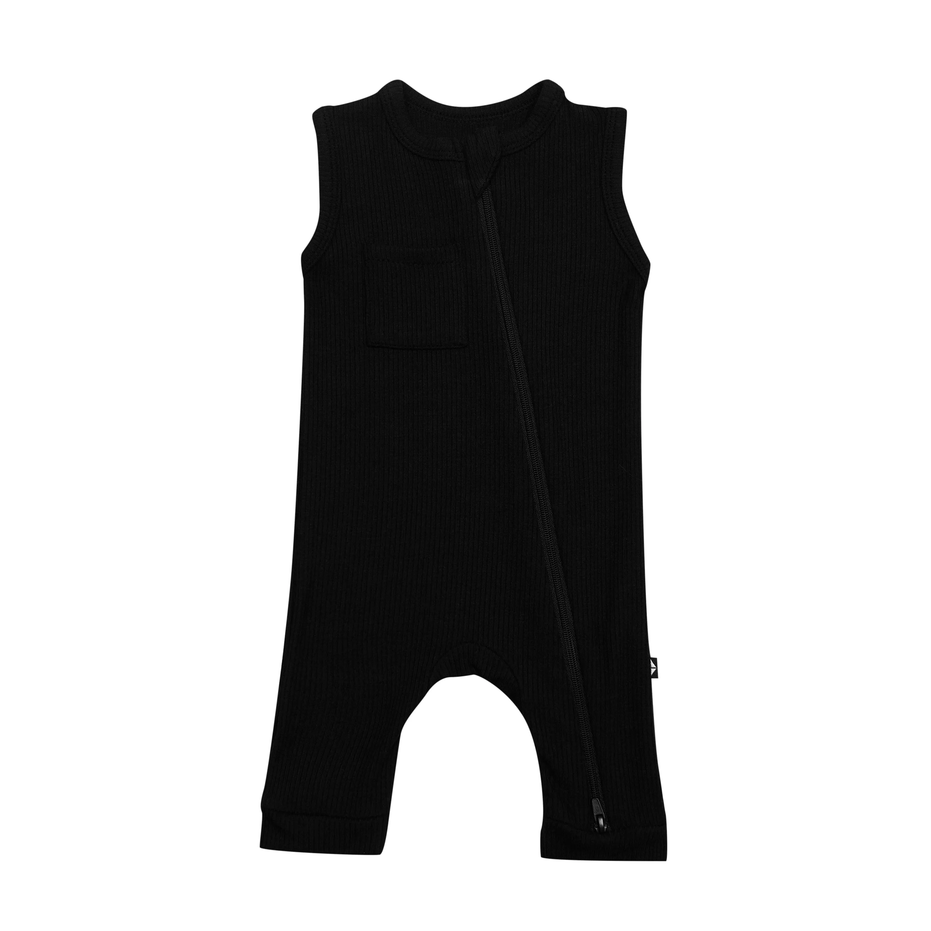 Ribbed Zippered Sleeveless Romper in Midnight