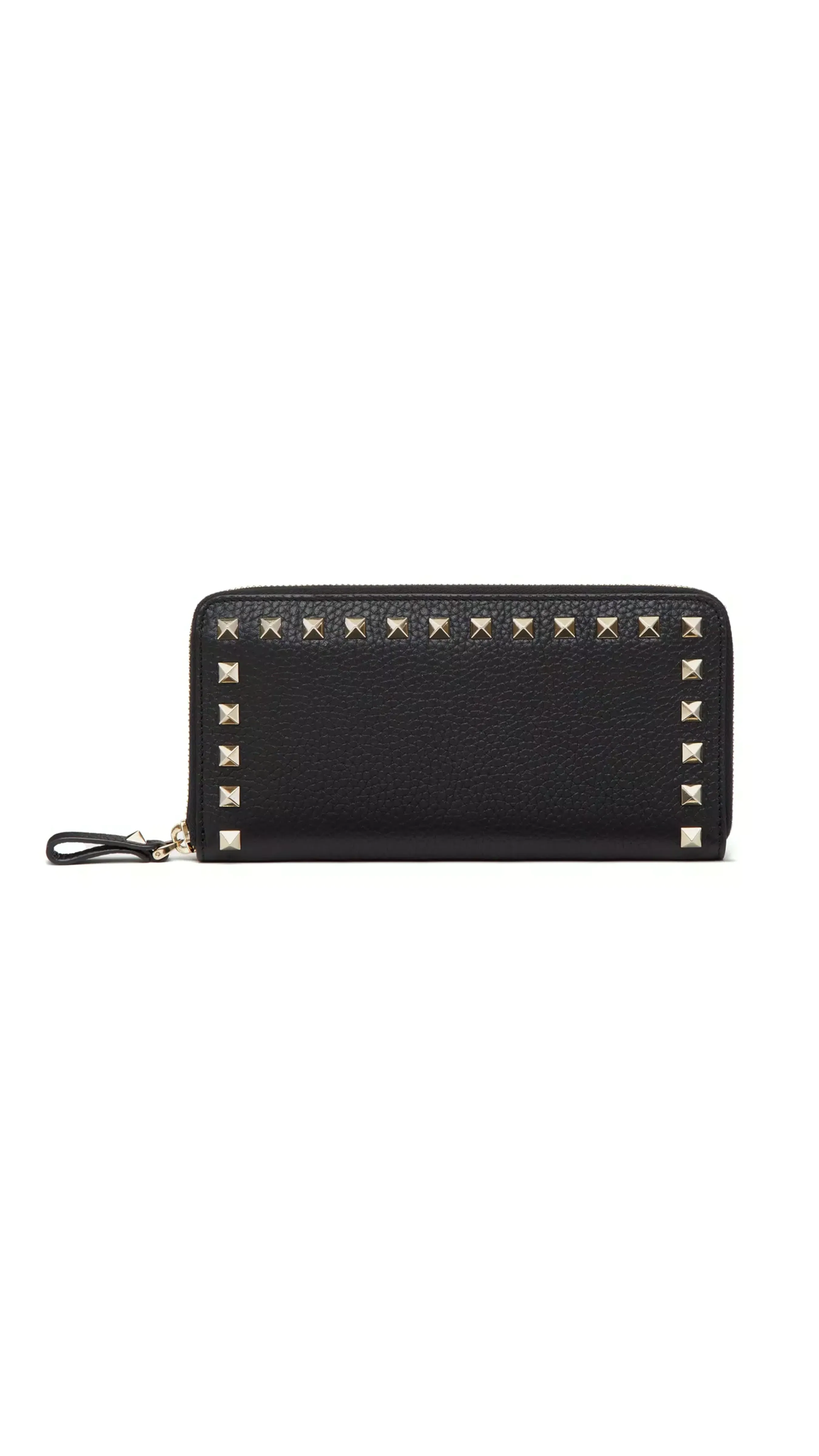 Rockstud Grainy Calfskin Zippered Wallet - Black