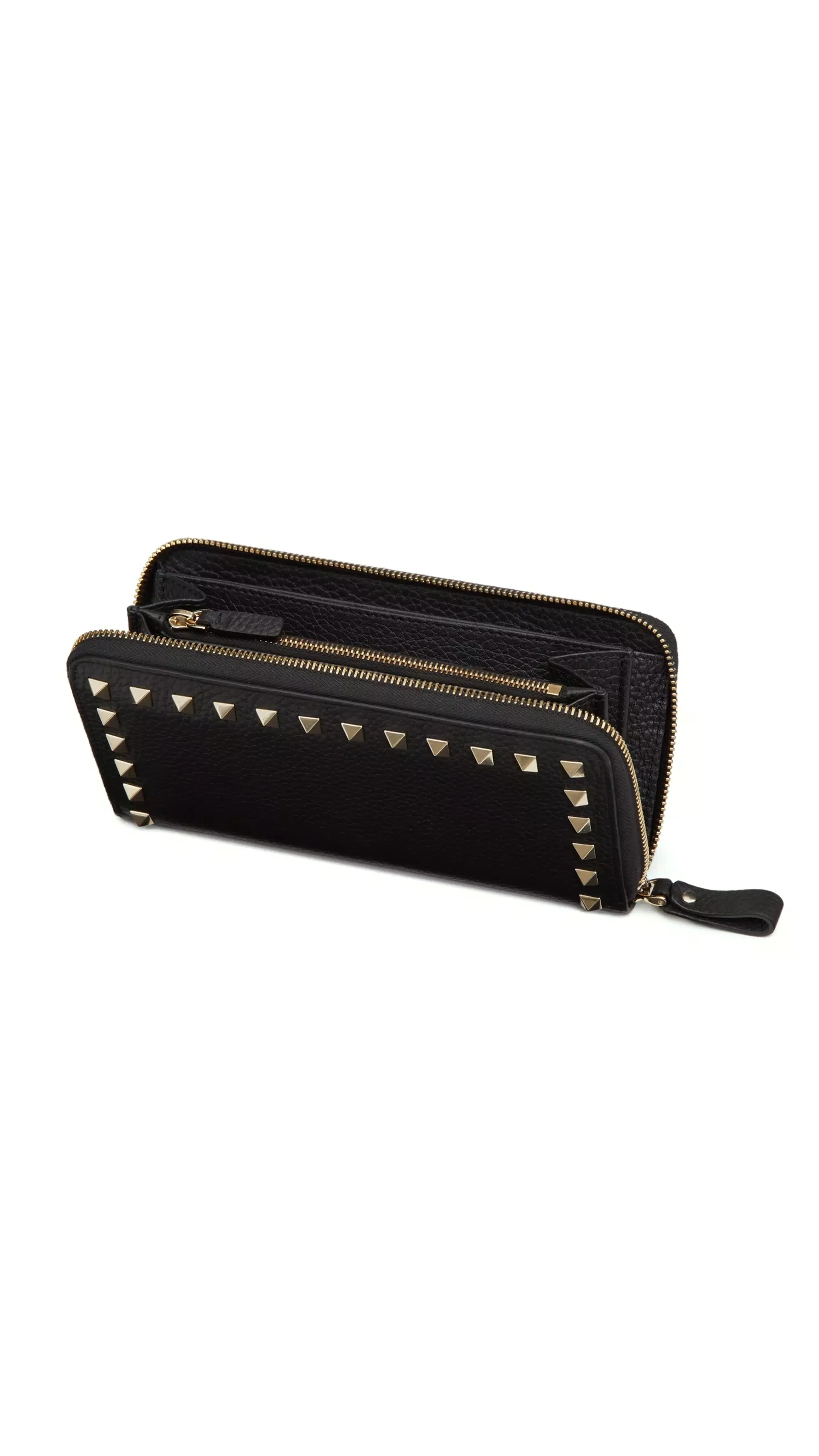 Rockstud Grainy Calfskin Zippered Wallet - Black