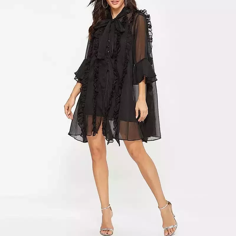 Ruffle Bow Neck Flared Sleeve Mini Dress