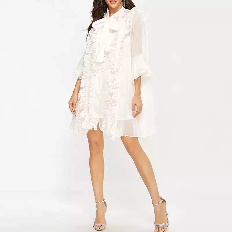 Ruffle Bow Neck Flared Sleeve Mini Dress