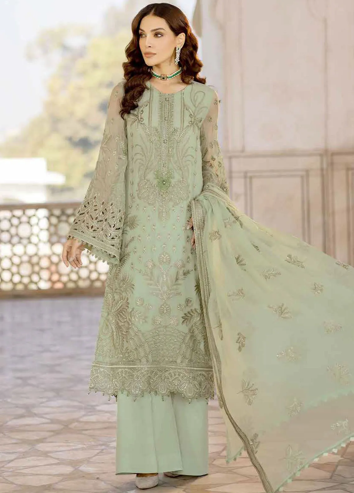 Safeera By Flossie Embroidered Chiffon 3 Piece Unstitched Suit FL24SF S-1304 LUSTER GREEN