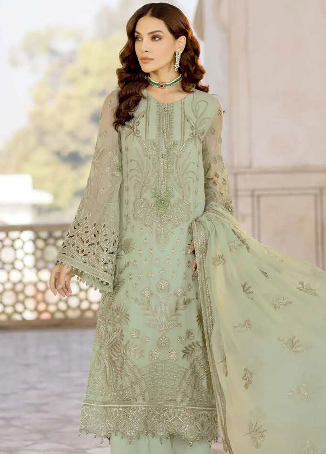 Safeera By Flossie Embroidered Chiffon 3 Piece Unstitched Suit FL24SF S-1304 LUSTER GREEN