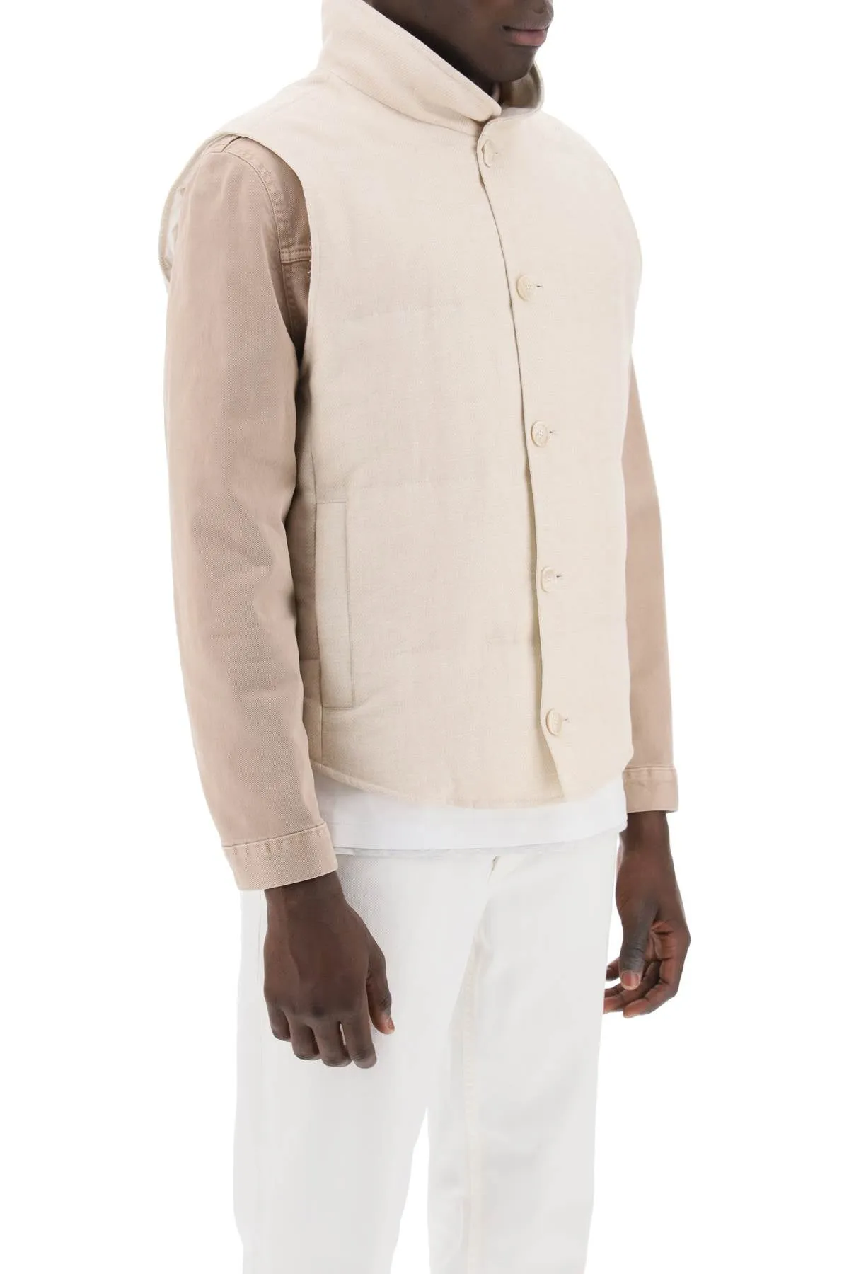 SLEEVELESS DOWN JACKET IN LINEN,