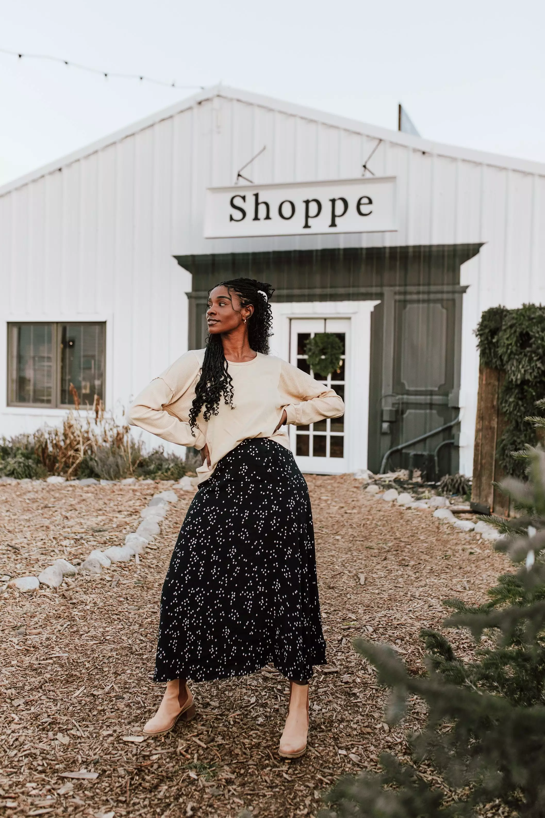 The Coburg Polka-Dot Midi Skirt in Black