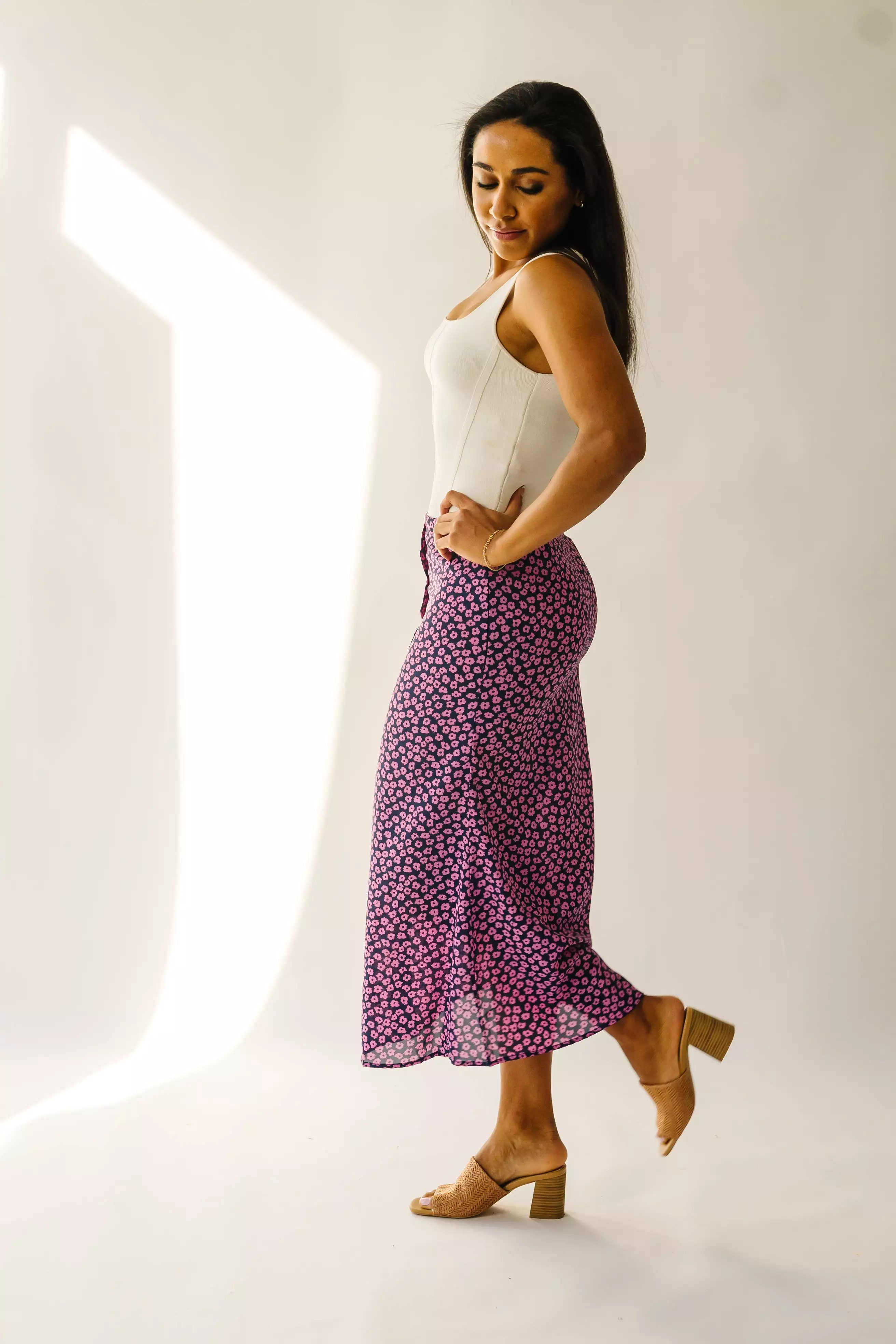 The Ellston Floral Button-Down Maxi Skirt in Navy + Pink