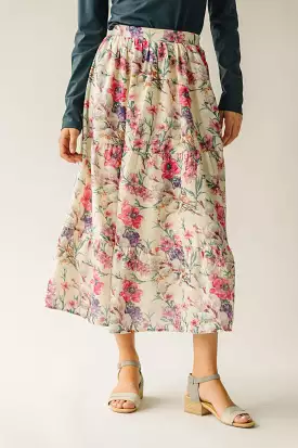 The Kenly Floral Tiered Maxi Skirt in Cream