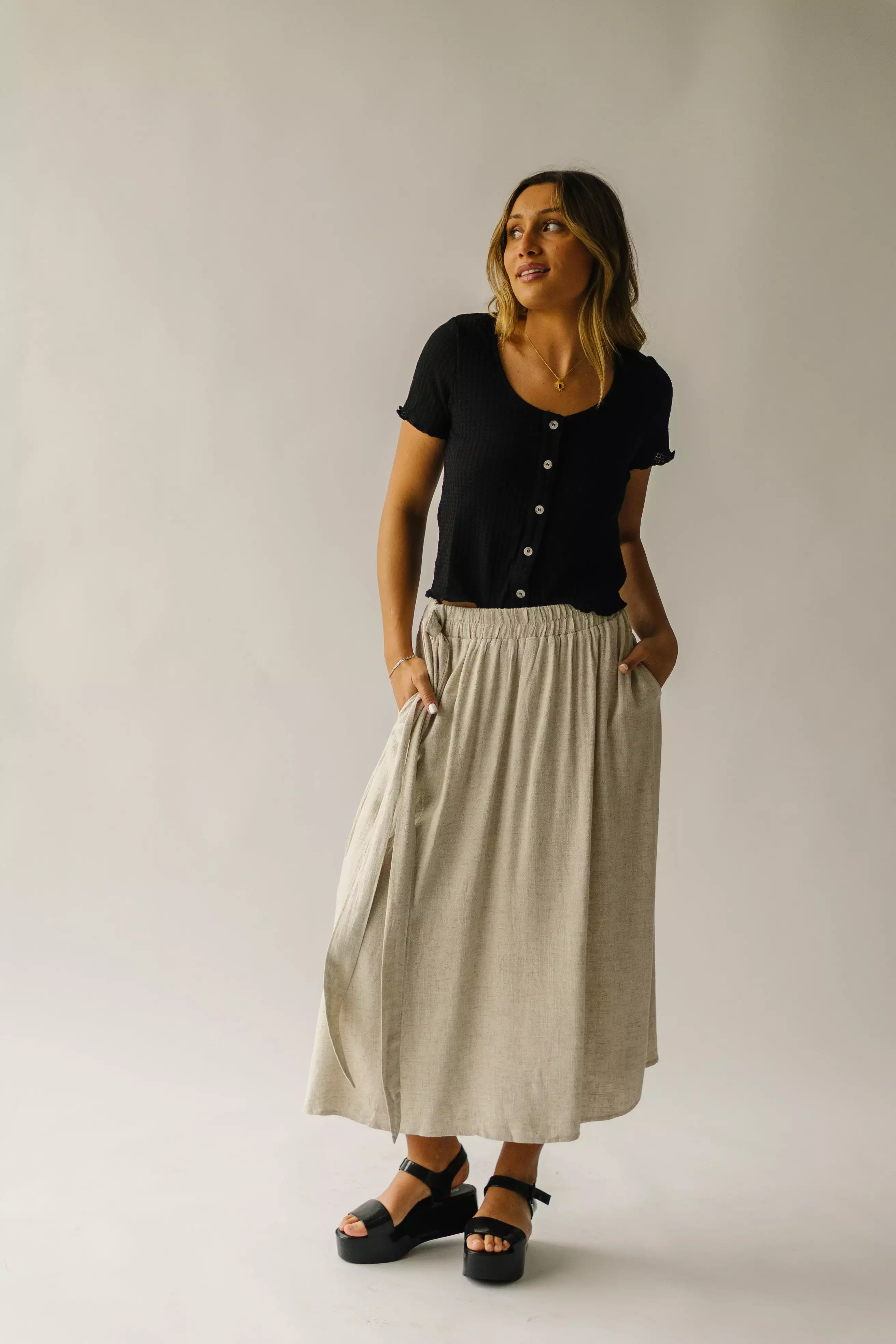 The Oaklynn Linen Midi Skirt in Oatmeal