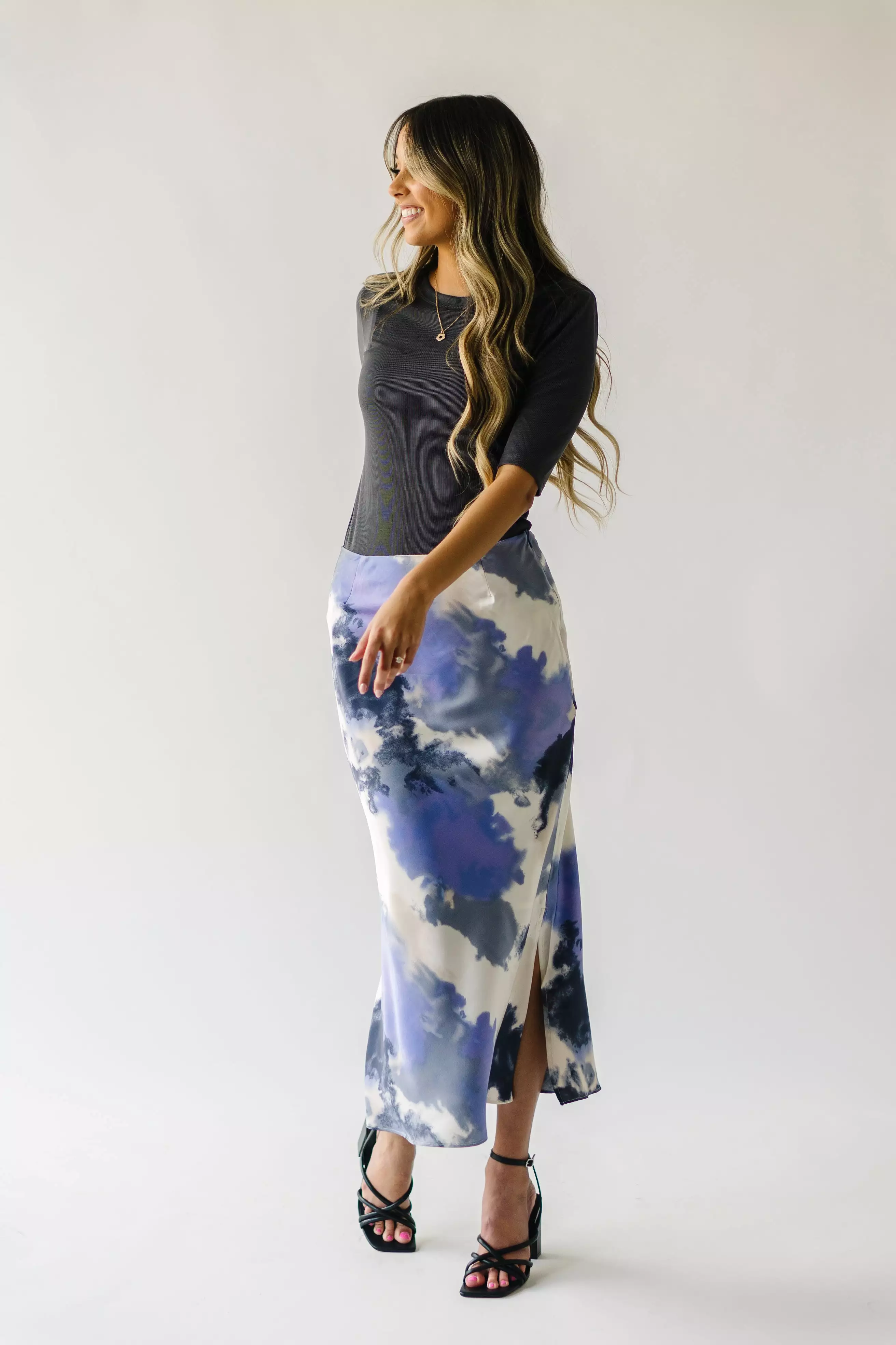 The Ozette Satin Skirt in Purple Abstract