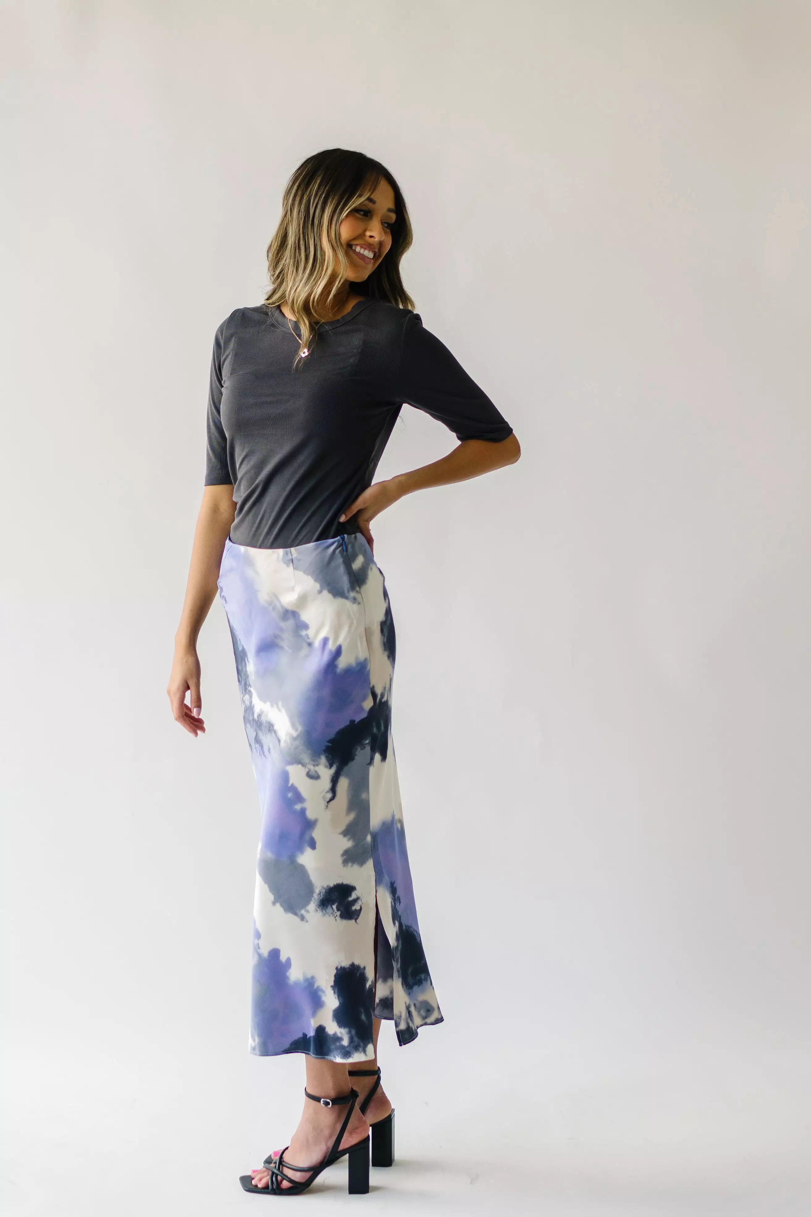 The Ozette Satin Skirt in Purple Abstract