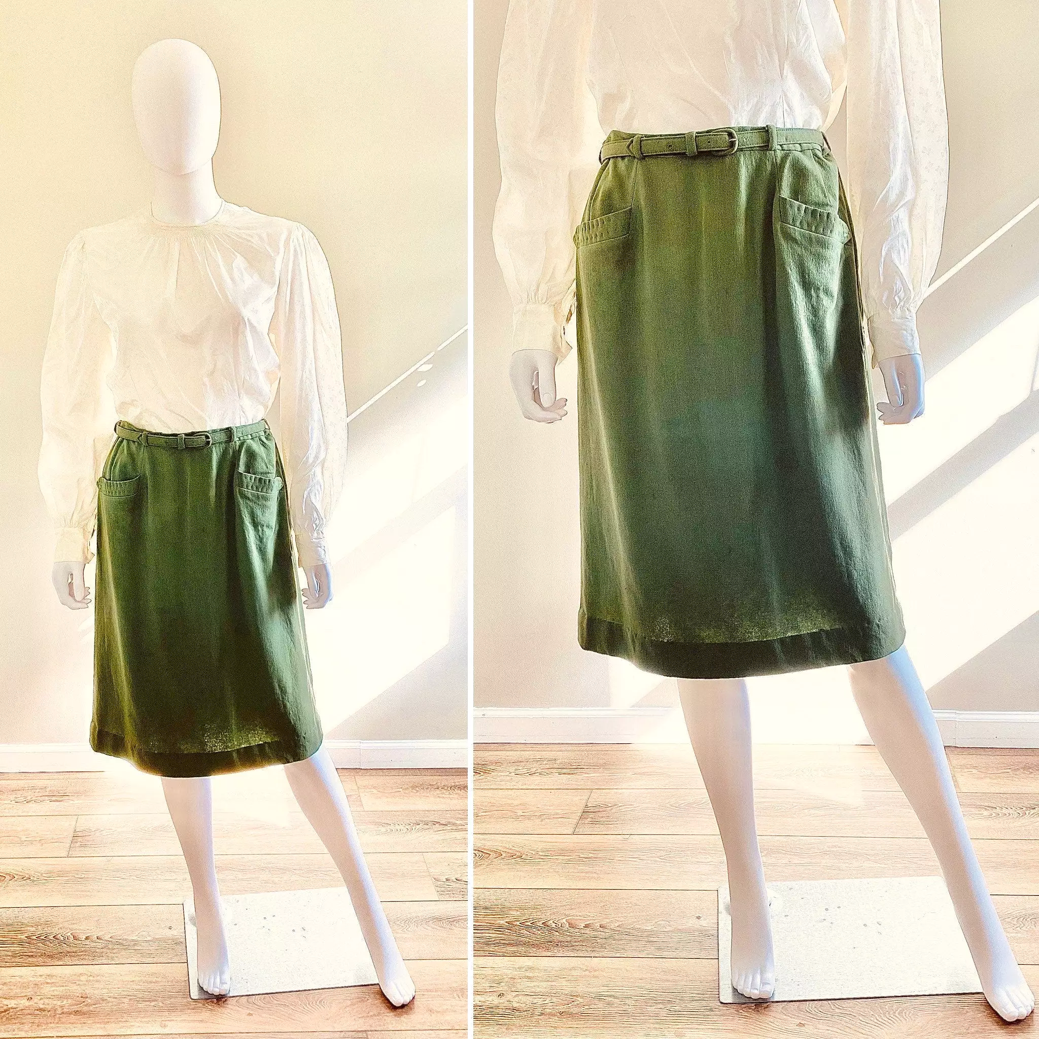 Vintage 1940s Sage Green Wool Skirt / 40s A line arrow tab pocket skirt Size M