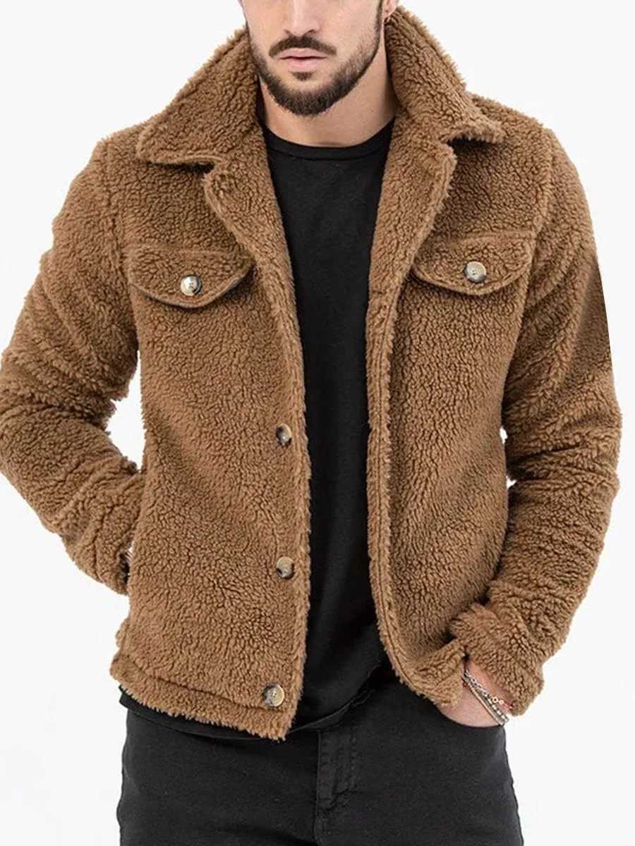 Vintage Lapel Sherpa Double Pocket Warm Jacket