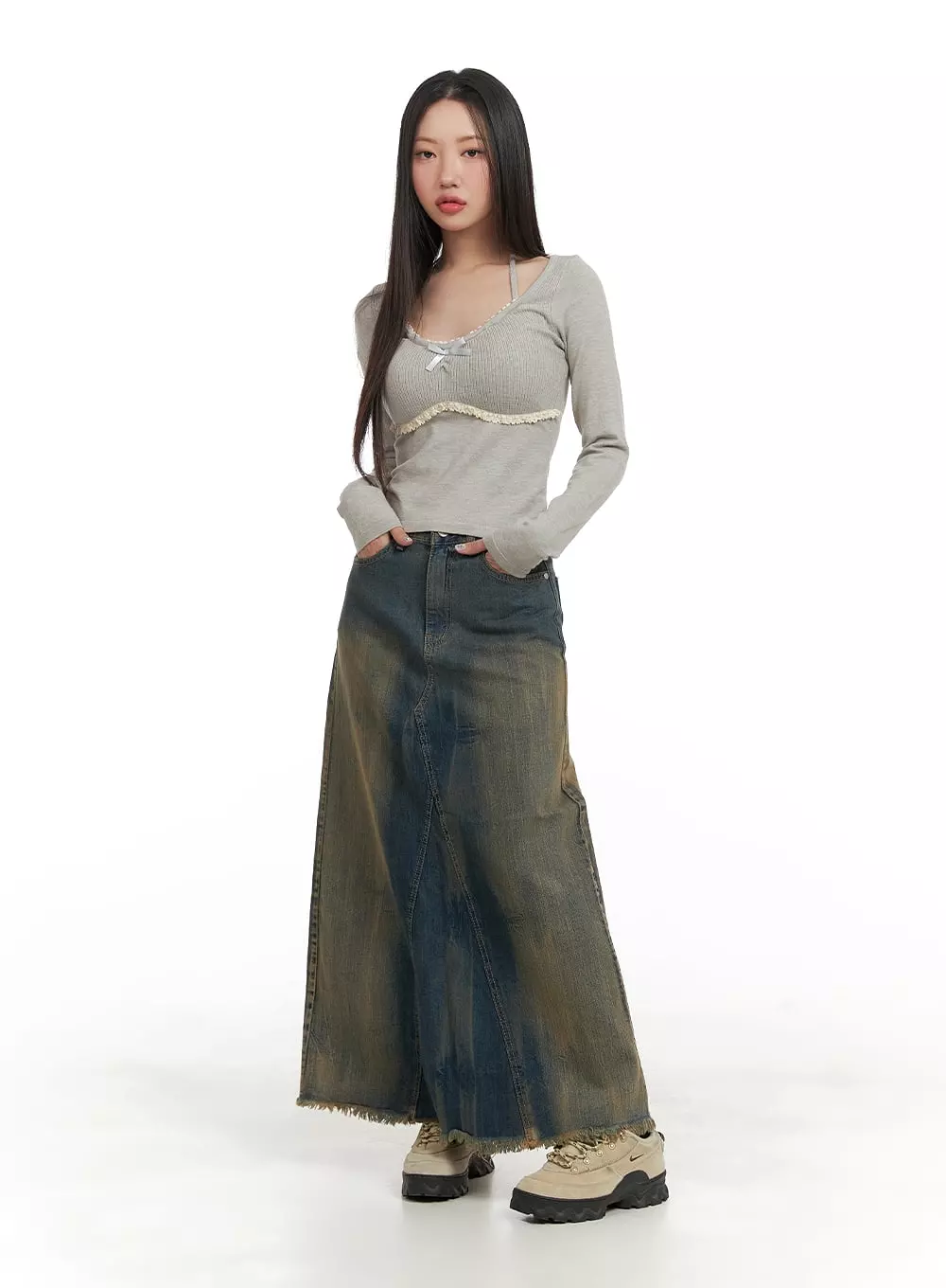 Vintage Washed Denim Maxi Skirt CA415