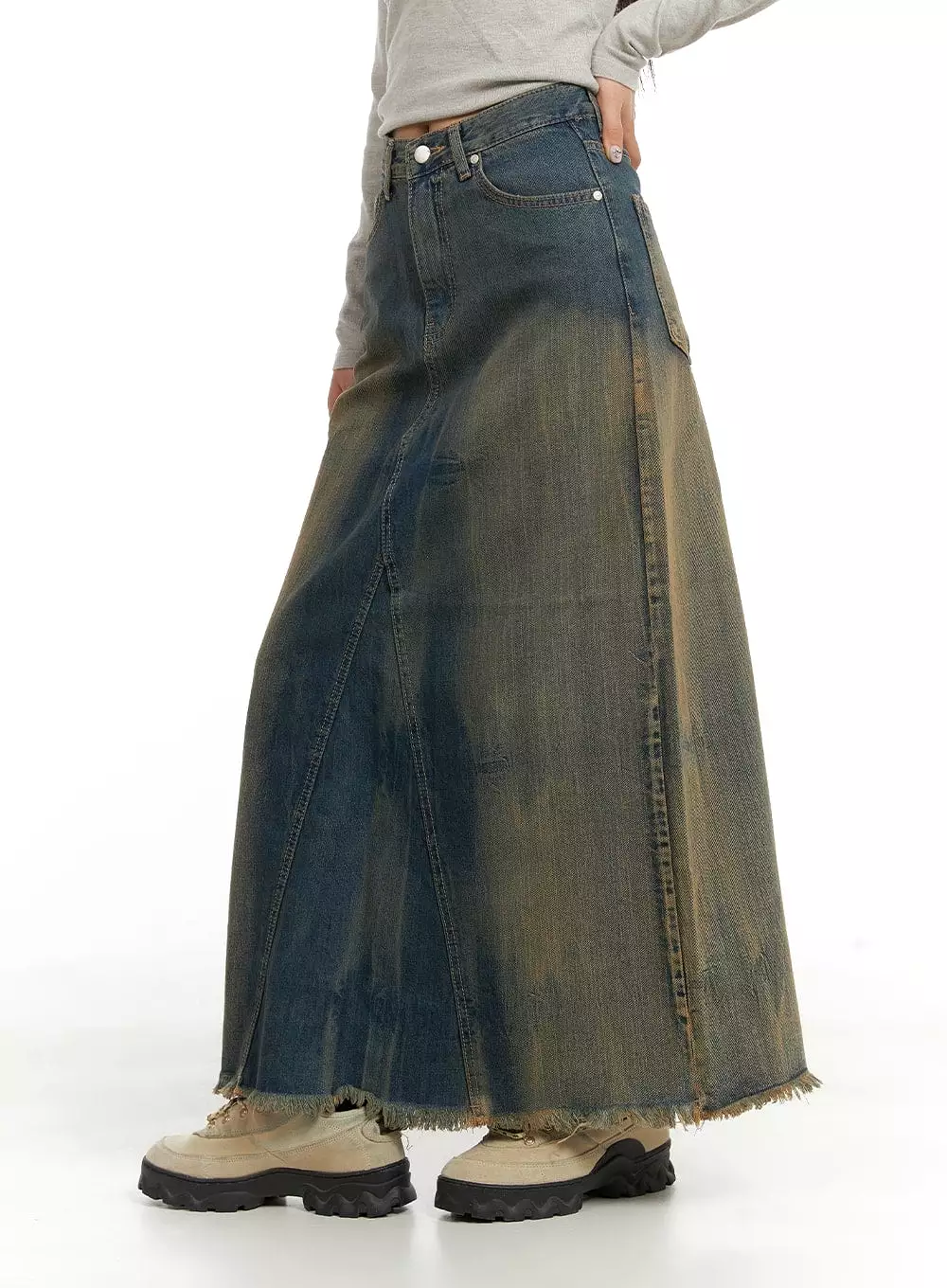 Vintage Washed Denim Maxi Skirt CA415