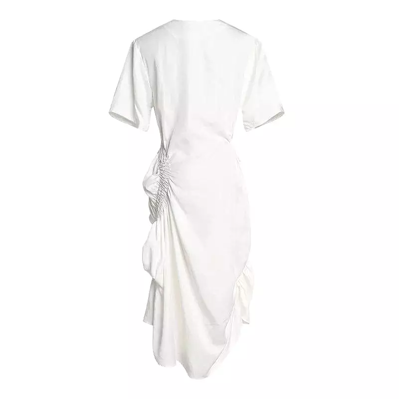 White Elastic Ruched Asymmetrical Dress