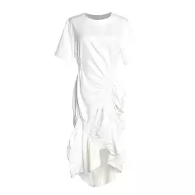 White Elastic Ruched Asymmetrical Dress