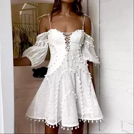 White Mesh and Pom Pom Panel Dress