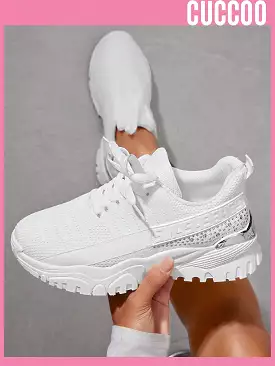 Woman Shoes Fashionable White Athletic Shoes With Rhinestones For Spring And Summer