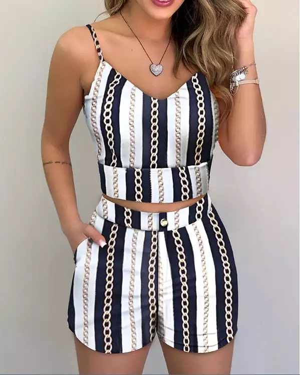 Women Summer Sleeveless Crop Tops + High Waist Shorts Tracksuit