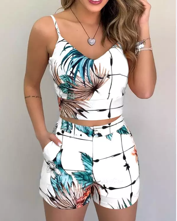 Women Summer Sleeveless Crop Tops + High Waist Shorts Tracksuit