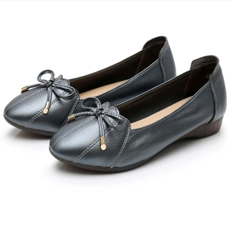 Women's Casual Genuine Leather Butterfly Knot Slip-On Flat Ballet Shoes