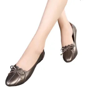 Women's Casual Genuine Leather Butterfly Knot Slip-On Flat Ballet Shoes